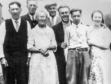 (left to right) Isaie Babin, son of Sophie (Goyetche) Babin, Joseph Albany Babin, Barbe Stephanie Babin, Norbert Emile Babin, Daniel Bonaventure Babin, Freeman Joseph Babin and Marie Delina Babin (circa 1935)
