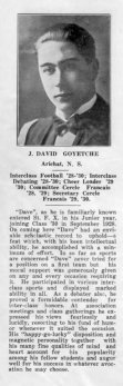 Yearbook entry from St. Francis Xavier University in Antigonish, NS for J. David Goyetche of Arichat, NS & Deux Montagnes, QC (1930)