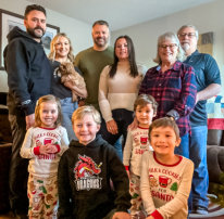 Back Row: Curtis ,Tasha (dog Sadie), Ian, Chelsea, Karen & Alcide Goyetche of Spruce Grove, AB; Front Row: Meyer, Deklin, Keilo & Quest (2023)